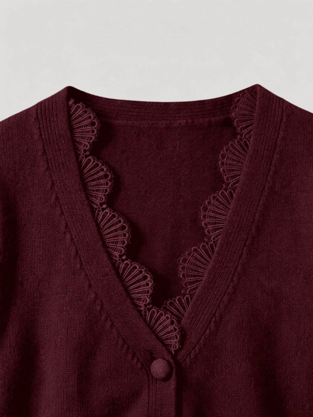 Burgundy Casual Women's Loose Fit Lace Trim V-Neck Knit Cardigan - Picture 8 of 9